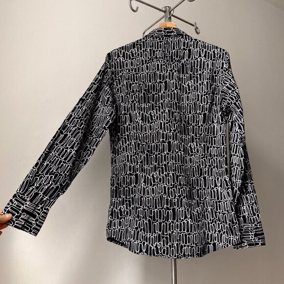 🌿 Black & White Geometric Print Semi Fitted Cotton Button Down Shirt by Le 31 - Picture 2 of 9